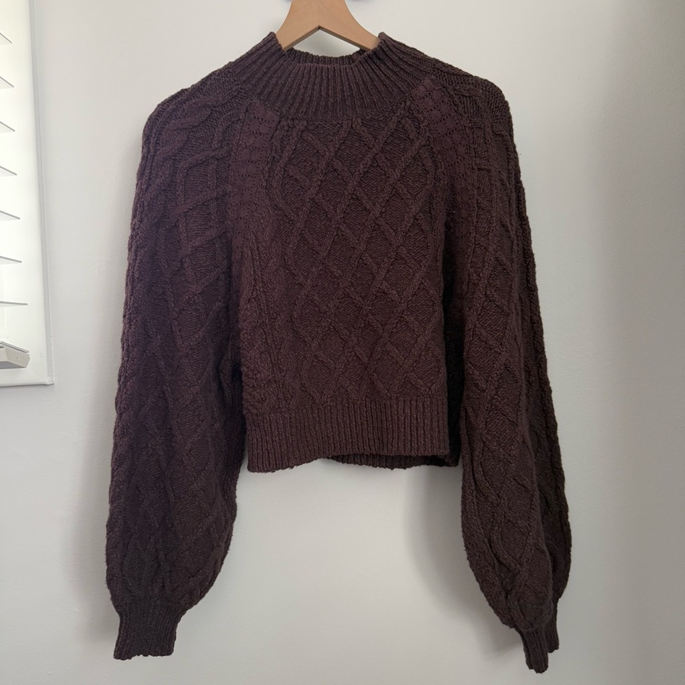 Free People XS Parfait Sweater Mock Neck Chunky Heavy Brown Balloon Sleeve Boxy